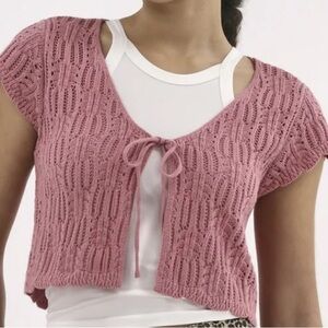 Crochet Cardigan Sweater with Short Sleeves, Lightweight, Women's XS